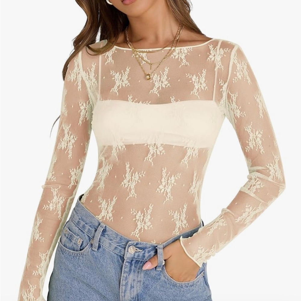 Elegant Cream Lace Sheer Top great for layering. Shout out to free people